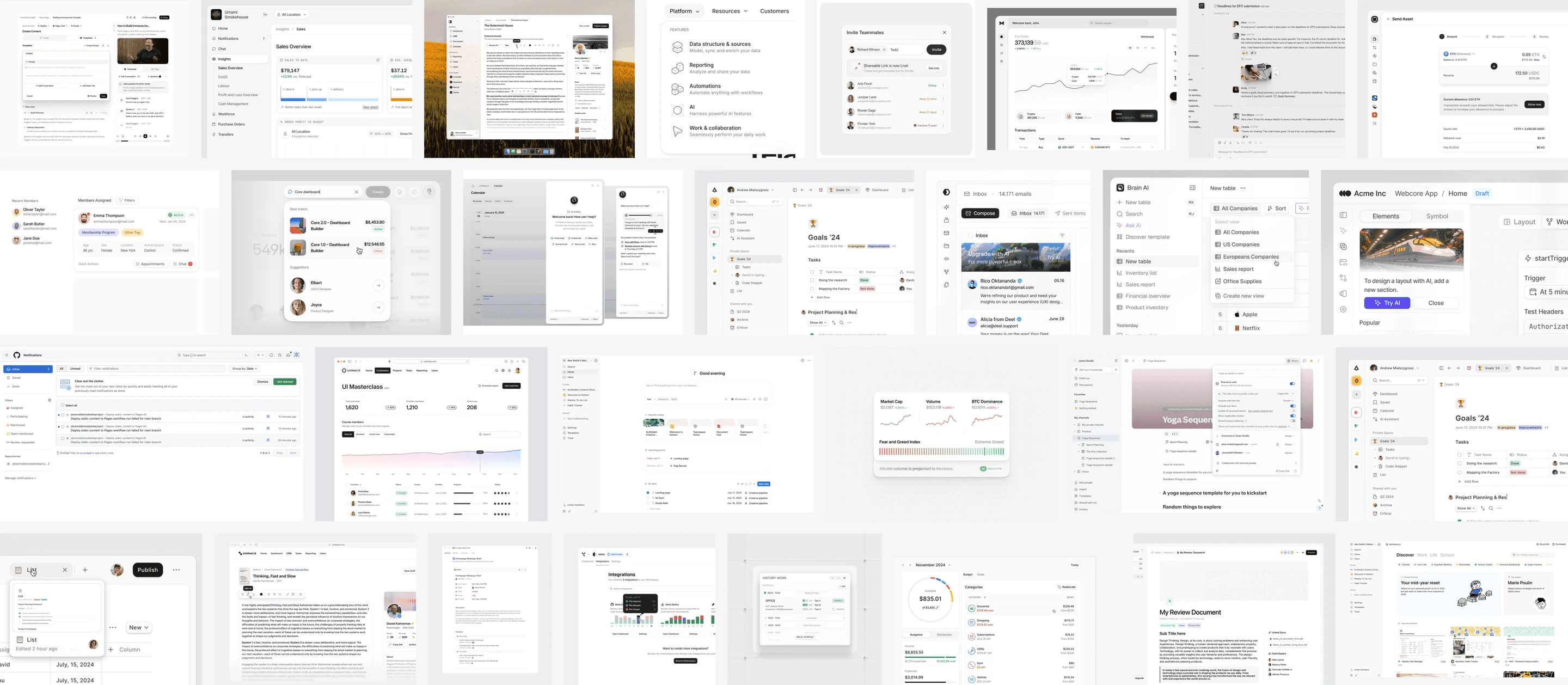 Moodboard v1, light and minimal: dashboards, tables and work tools from other products, collected as references