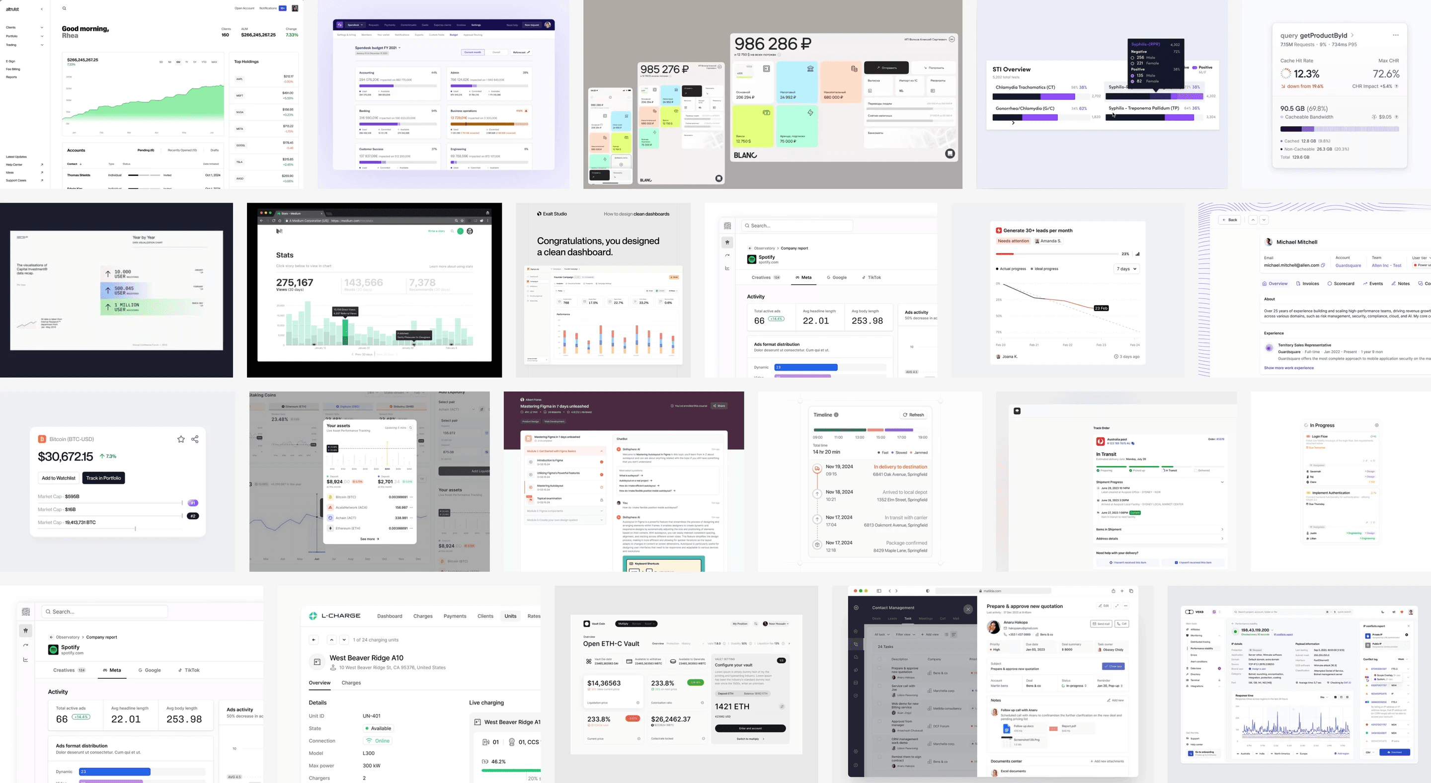 Moodboard v2, bright: dashboards and finance screens from other products with more color, collected as references
