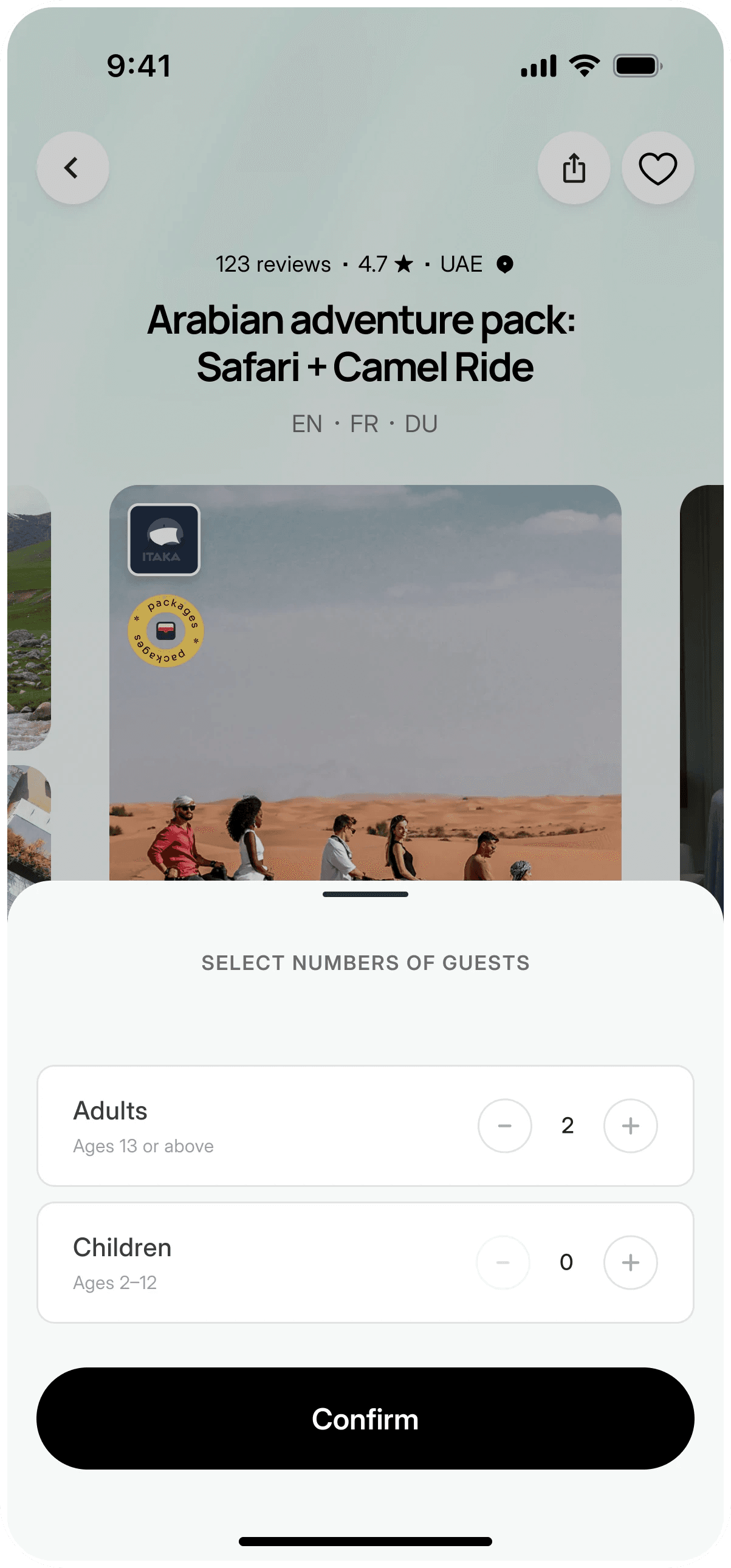 Package page for a safari and camel ride, with a sheet to choose the number of adults and children