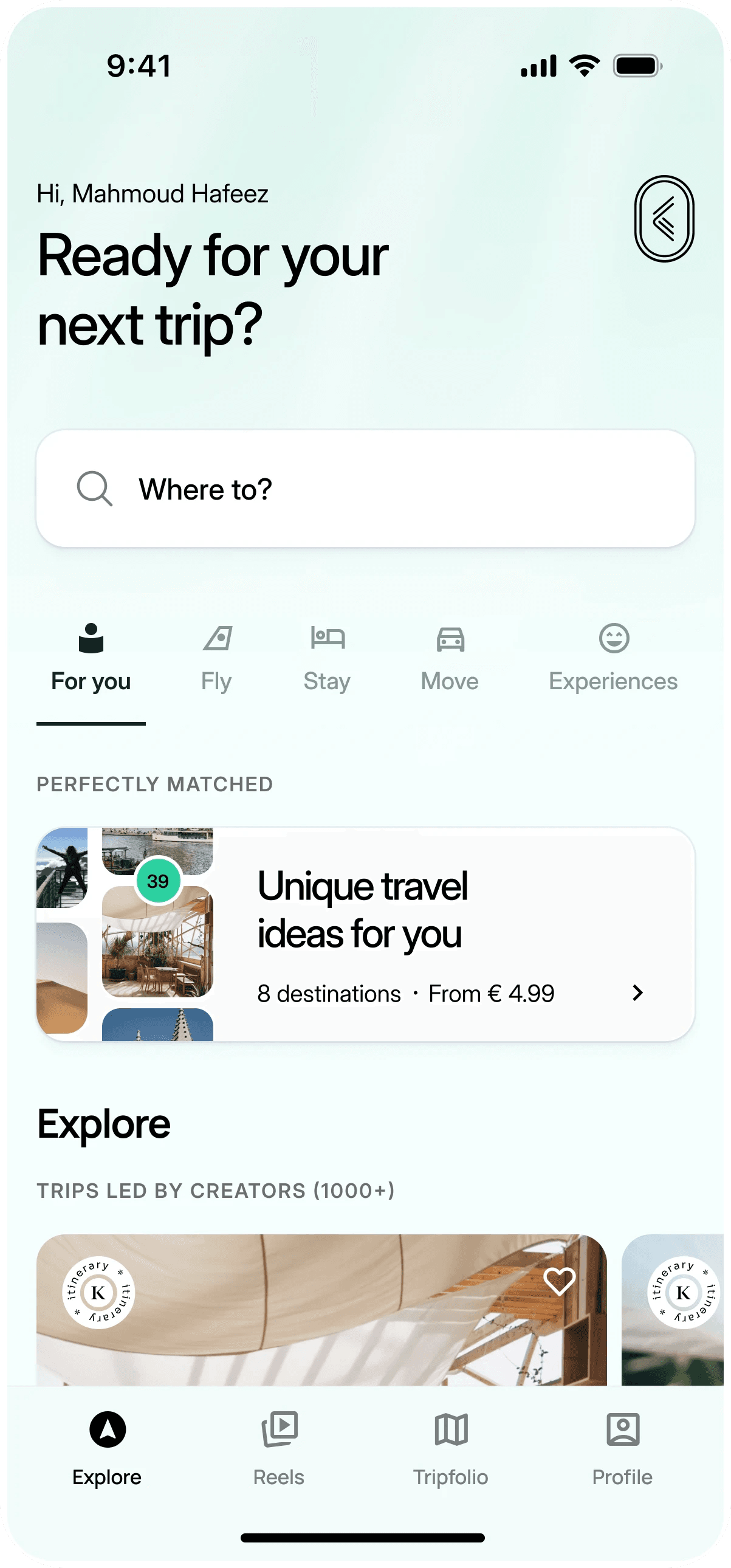ViaKonnect app home: Ready for your next trip, with a Where to search, travel tabs and perfectly matched trip ideas