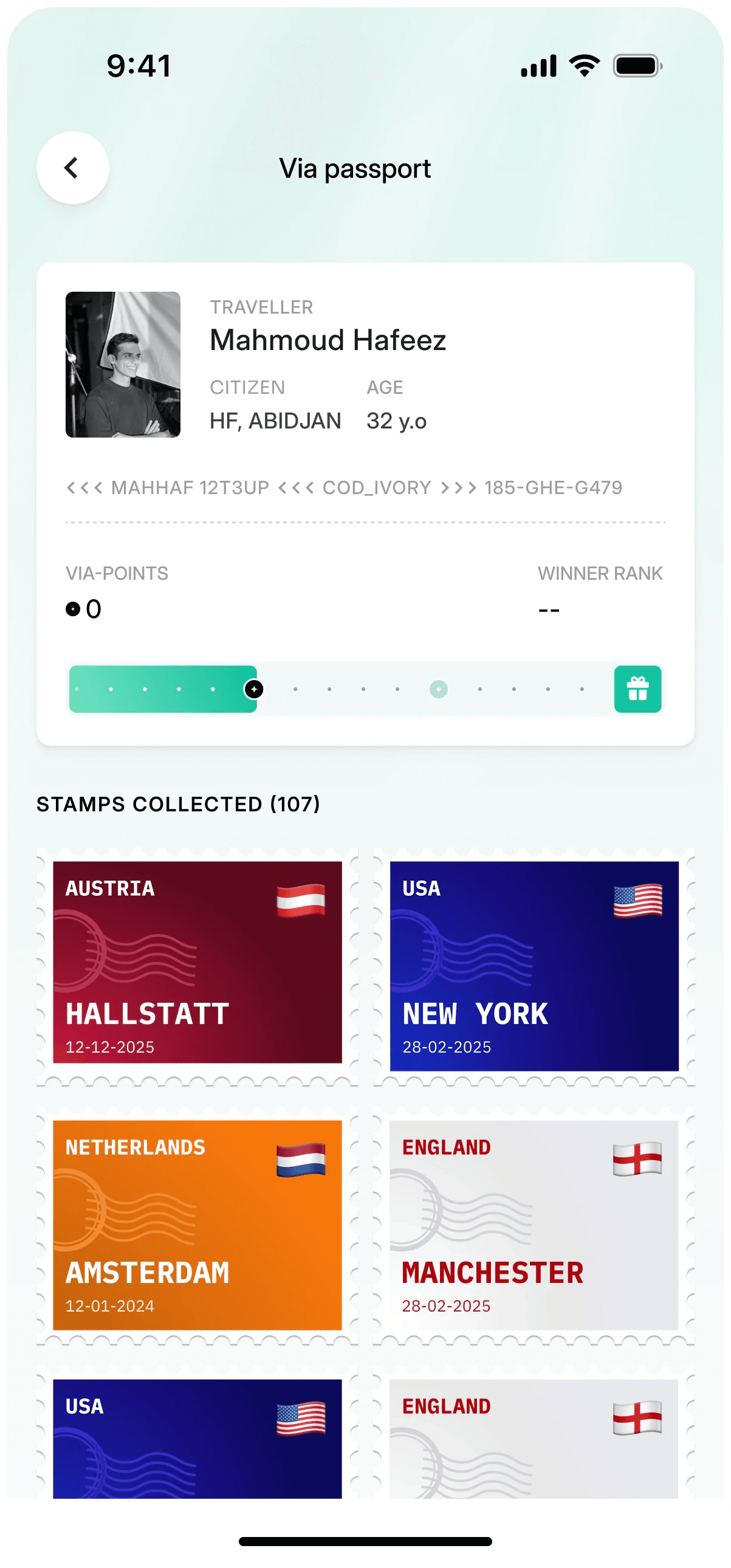 ViaKonnect passport with traveler details and collected city stamps for Hallstatt, New York, Amsterdam and Manchester