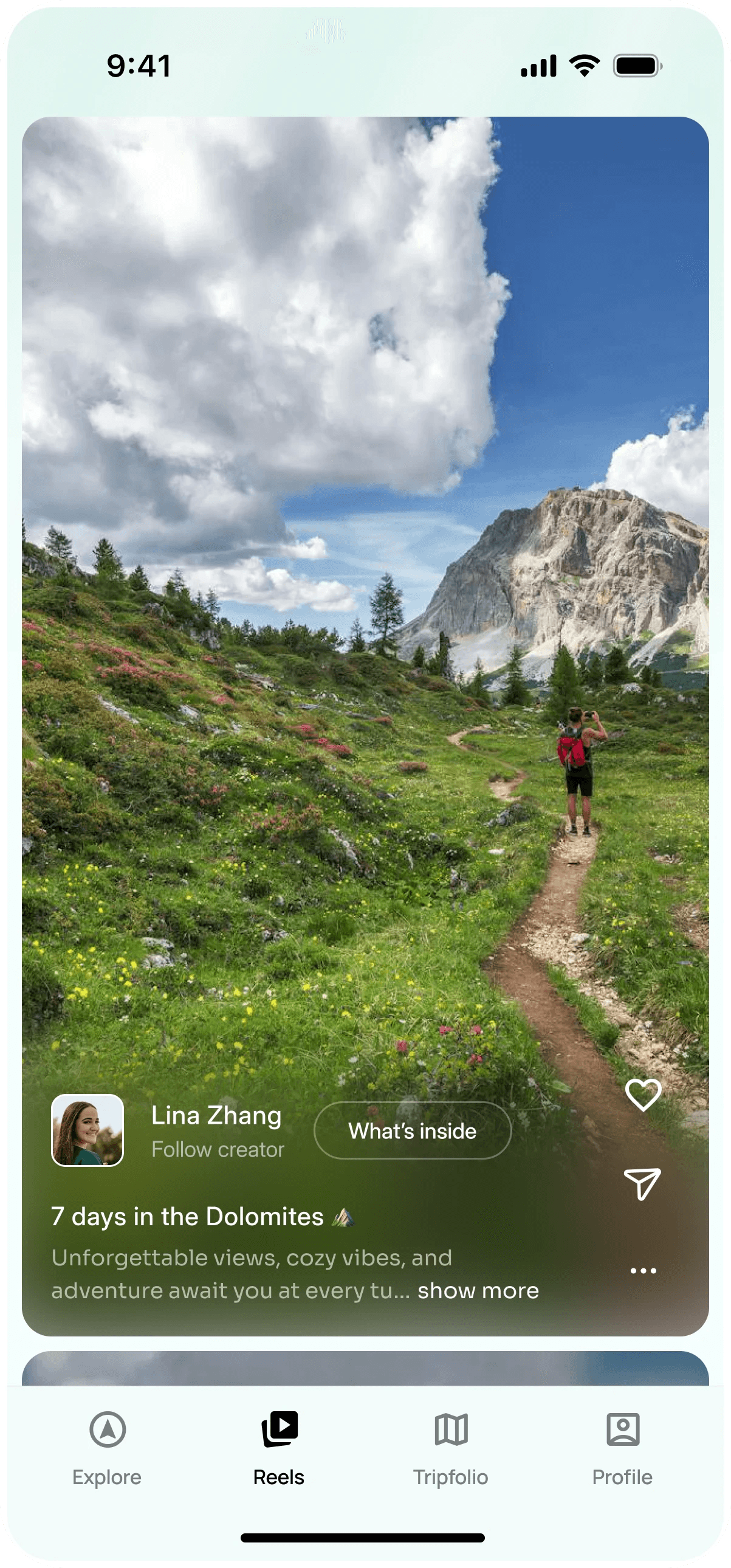 Reels feed: a creator’s video of 7 days in the Dolomites, with follow and What’s inside buttons