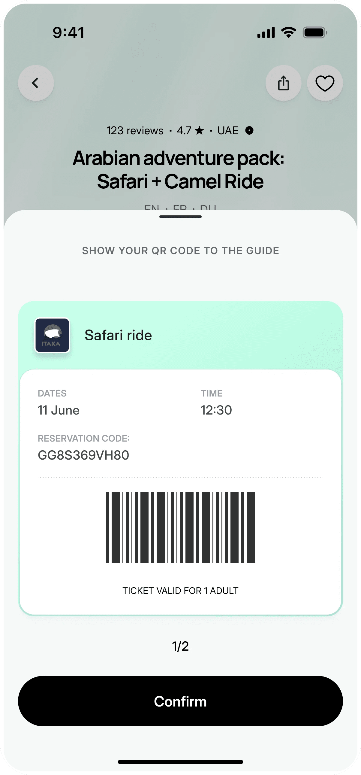 Ticket for a safari ride with the date, time, reservation code and a barcode to show the guide