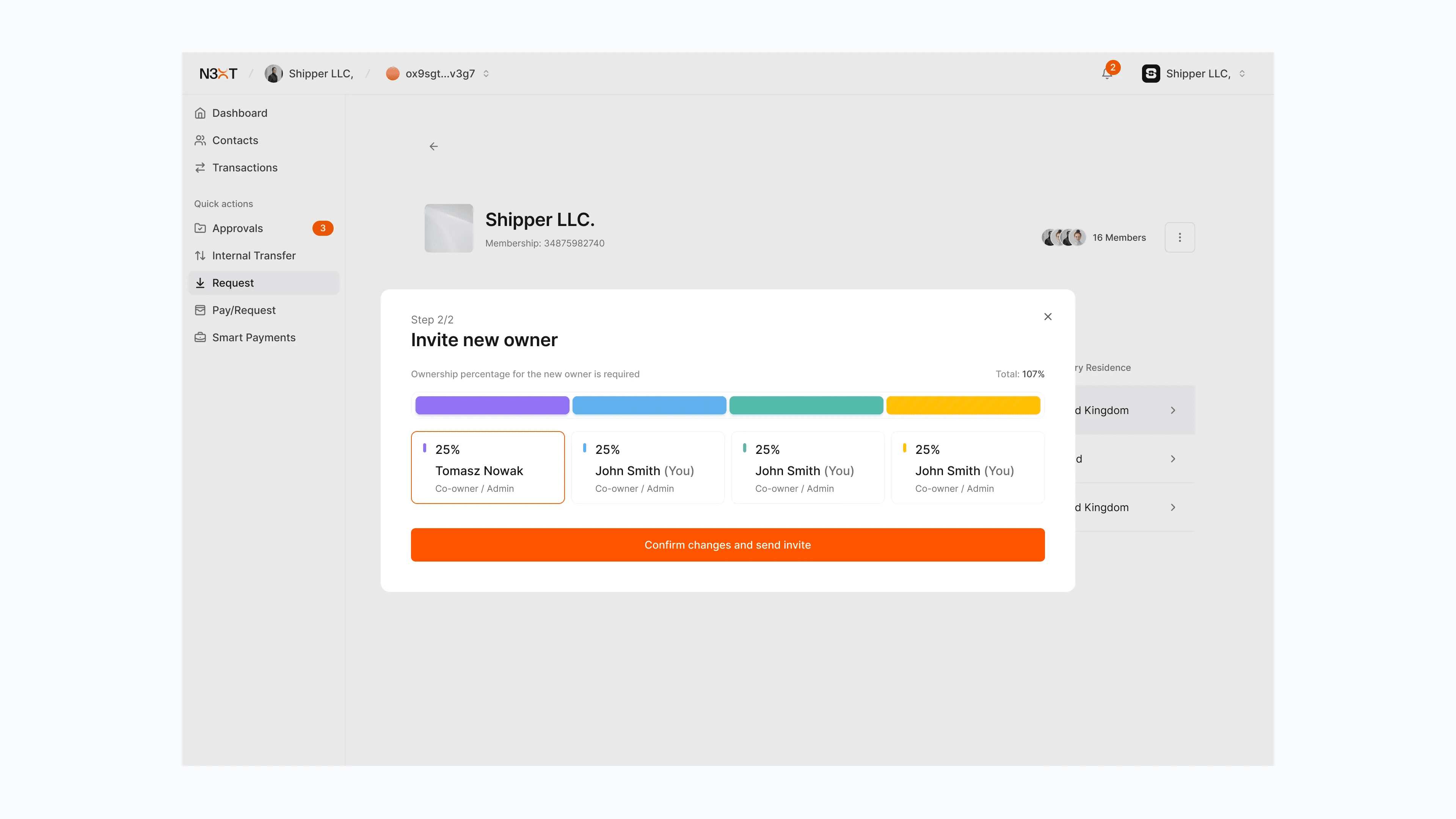 N3XT web app: inviting a new account owner