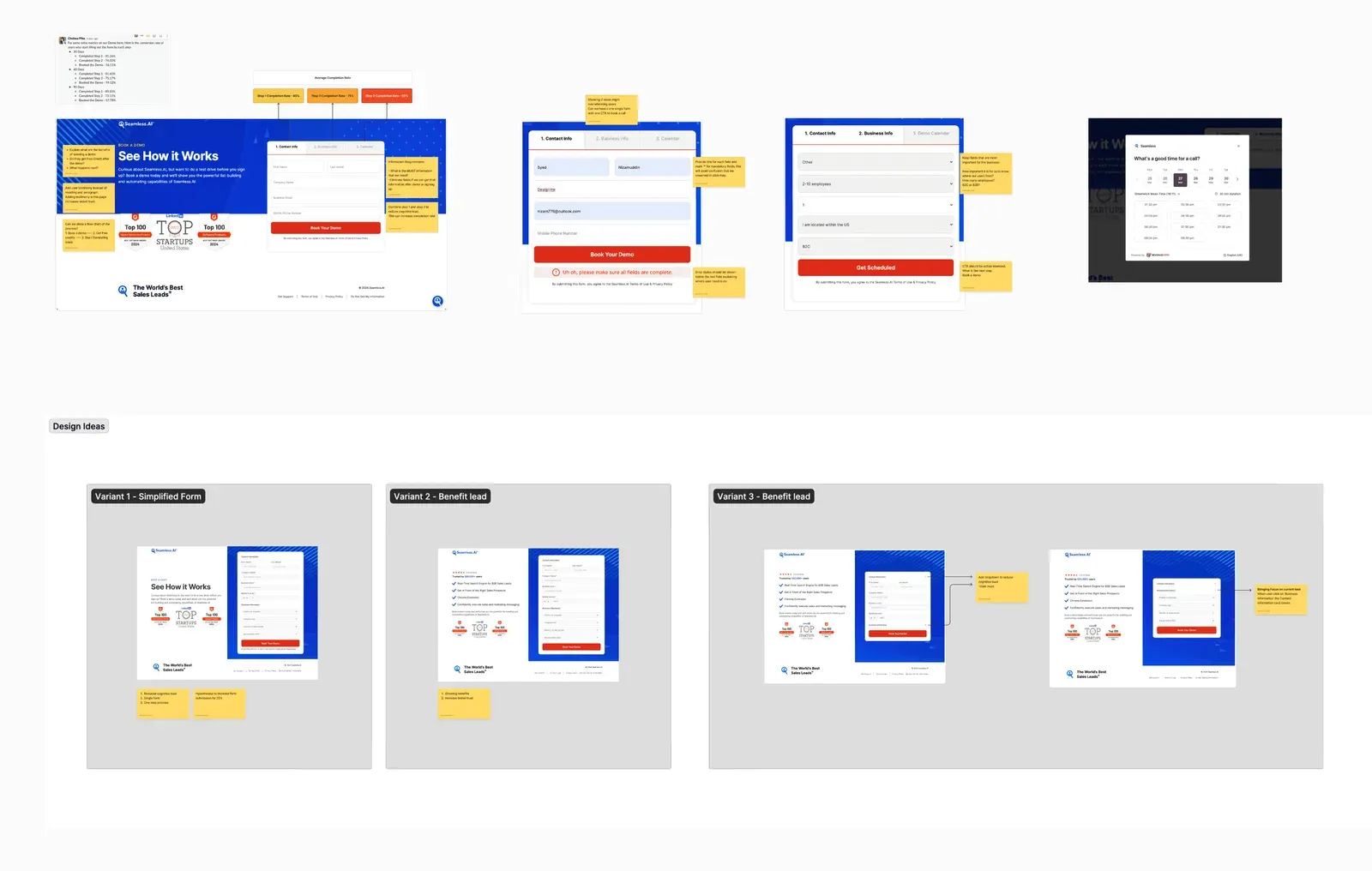 Seamless.AI audit board: the demo booking form’s steps with completion rates and sticky-note findings, and three redesigned form variants below