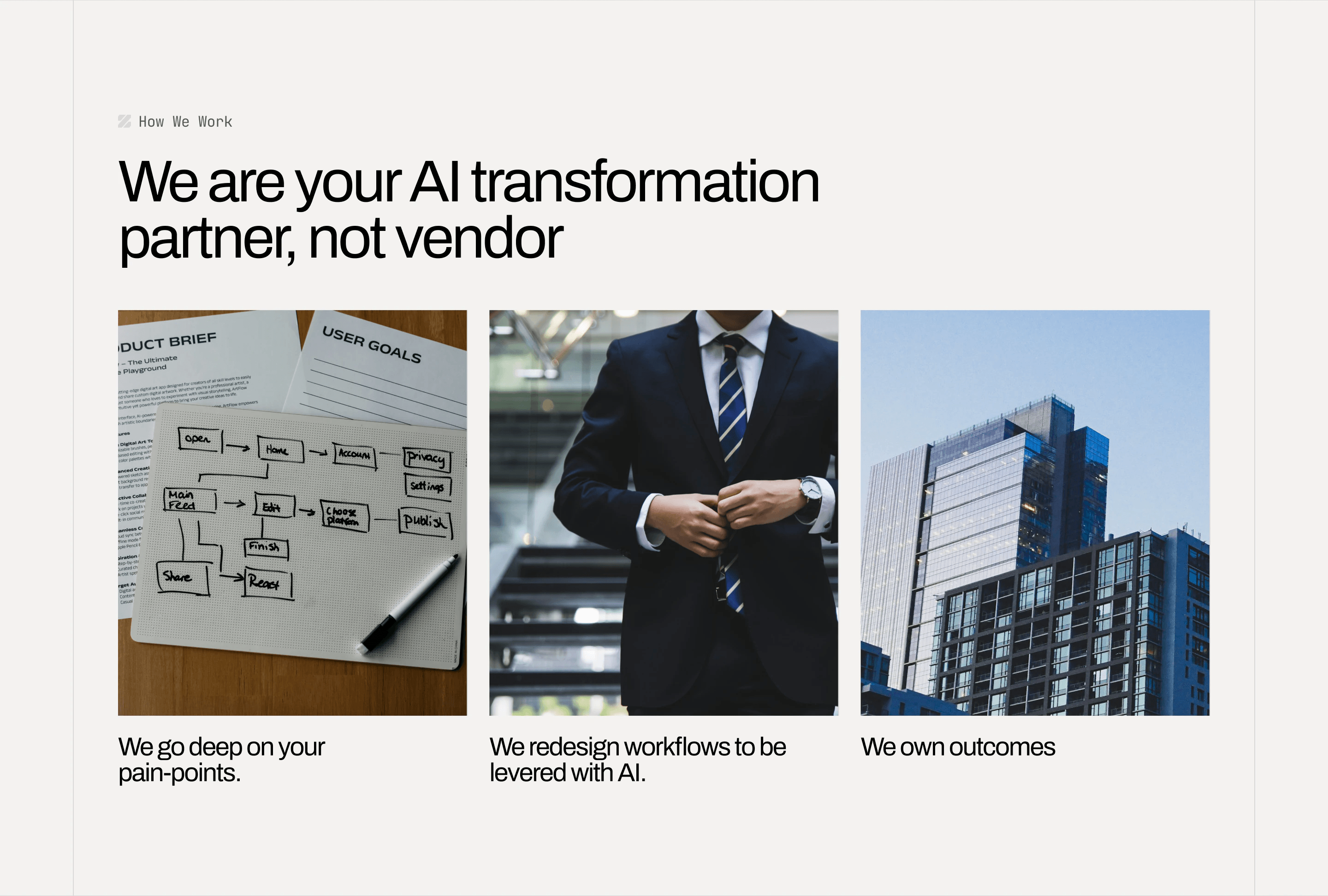 Final homepage section: We are your AI transformation partner, not vendor, with three photo cards
