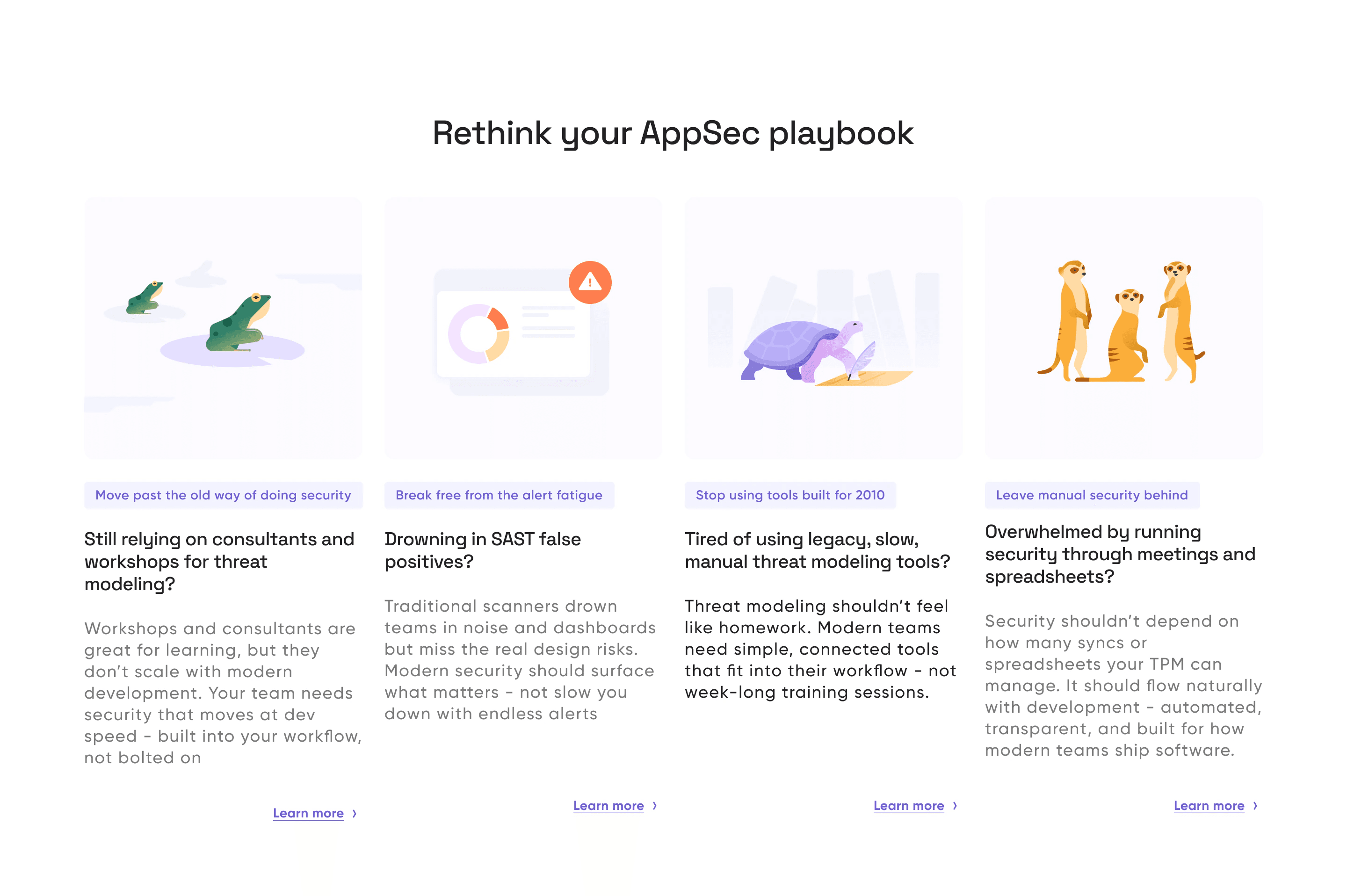 Homepage section: Rethink your AppSec playbook, four cards illustrated with frogs, an alert, a tortoise and meerkats