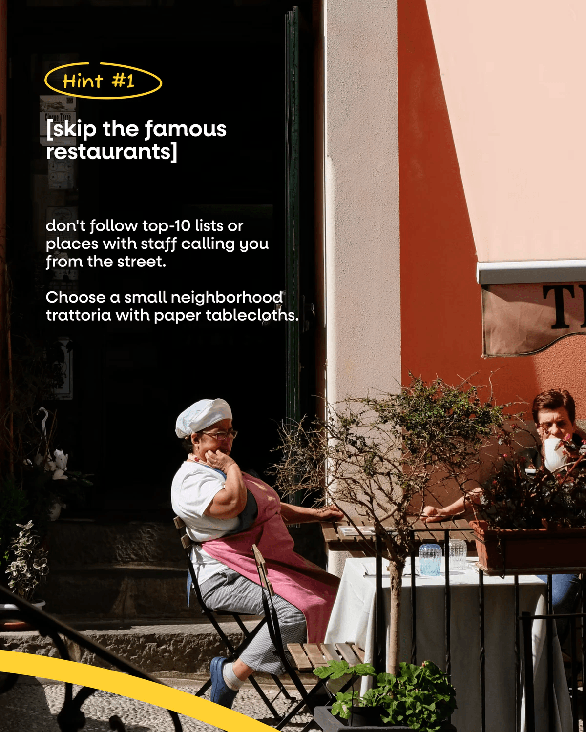 Instagram carousel slide: Hint #1, skip the famous restaurants