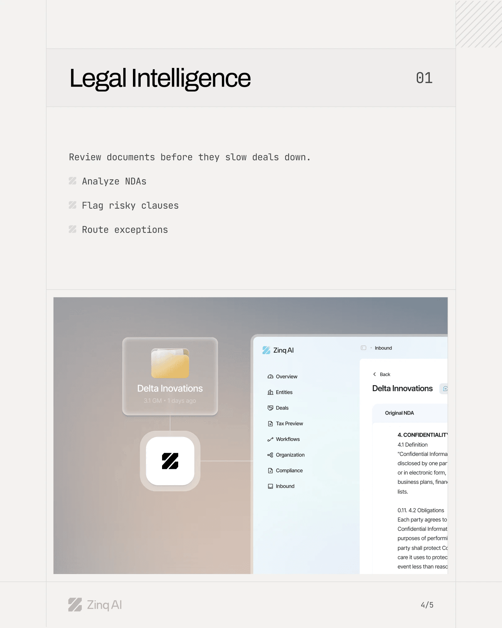 LinkedIn carousel slide: Legal Intelligence, review documents before they slow deals down