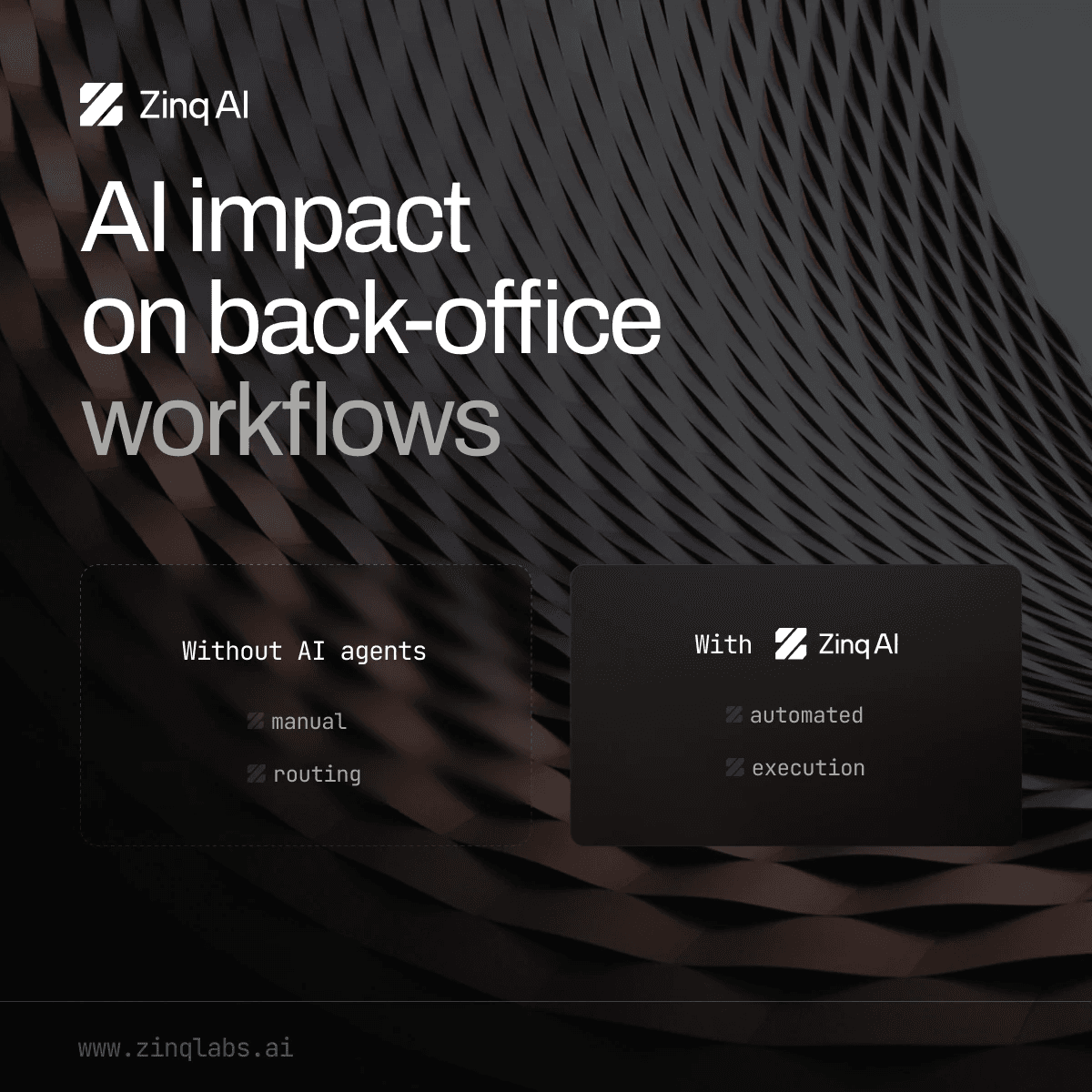 LinkedIn post, dark version: AI impact on back-office workflows over an architectural photo