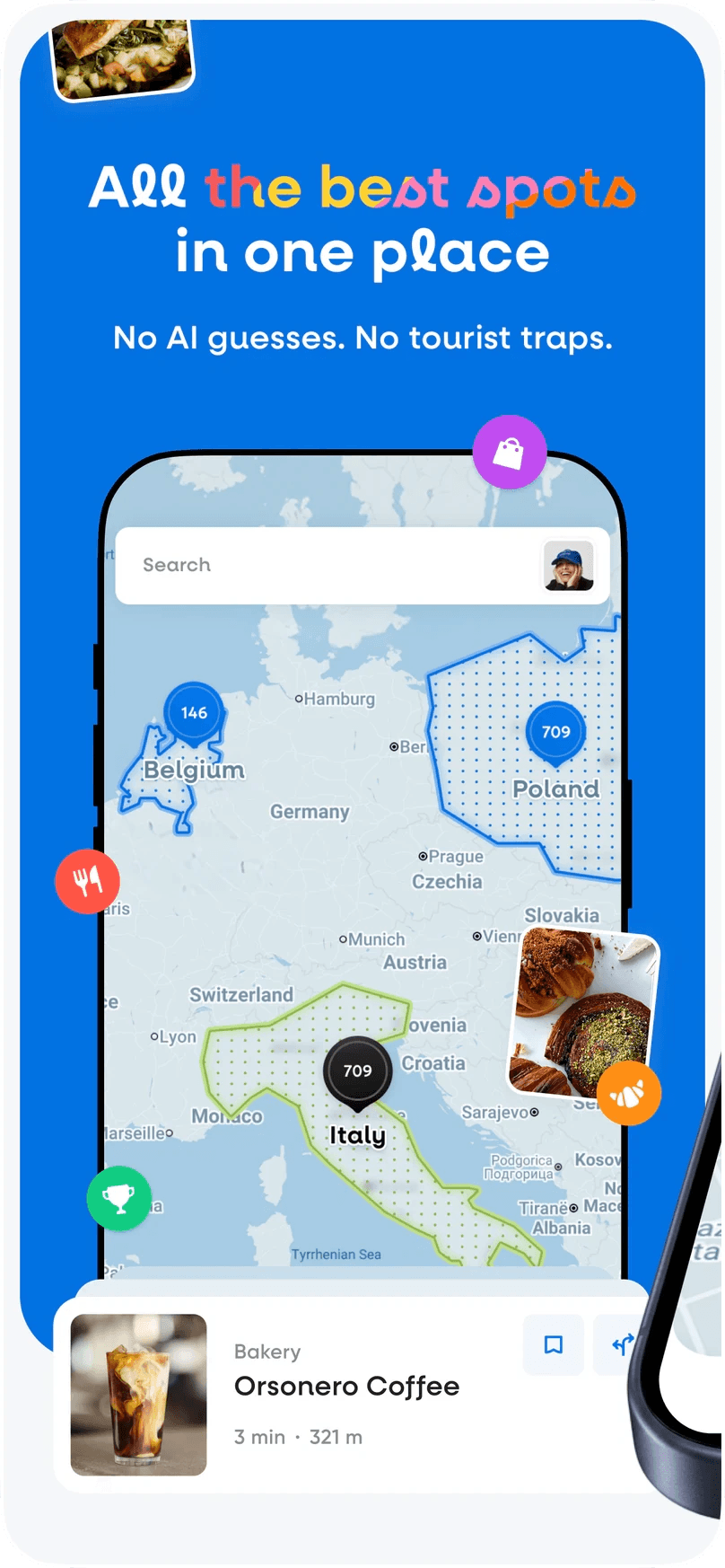 App Store screen: All the best spots in one place, with the Hint map of Europe on a blue background