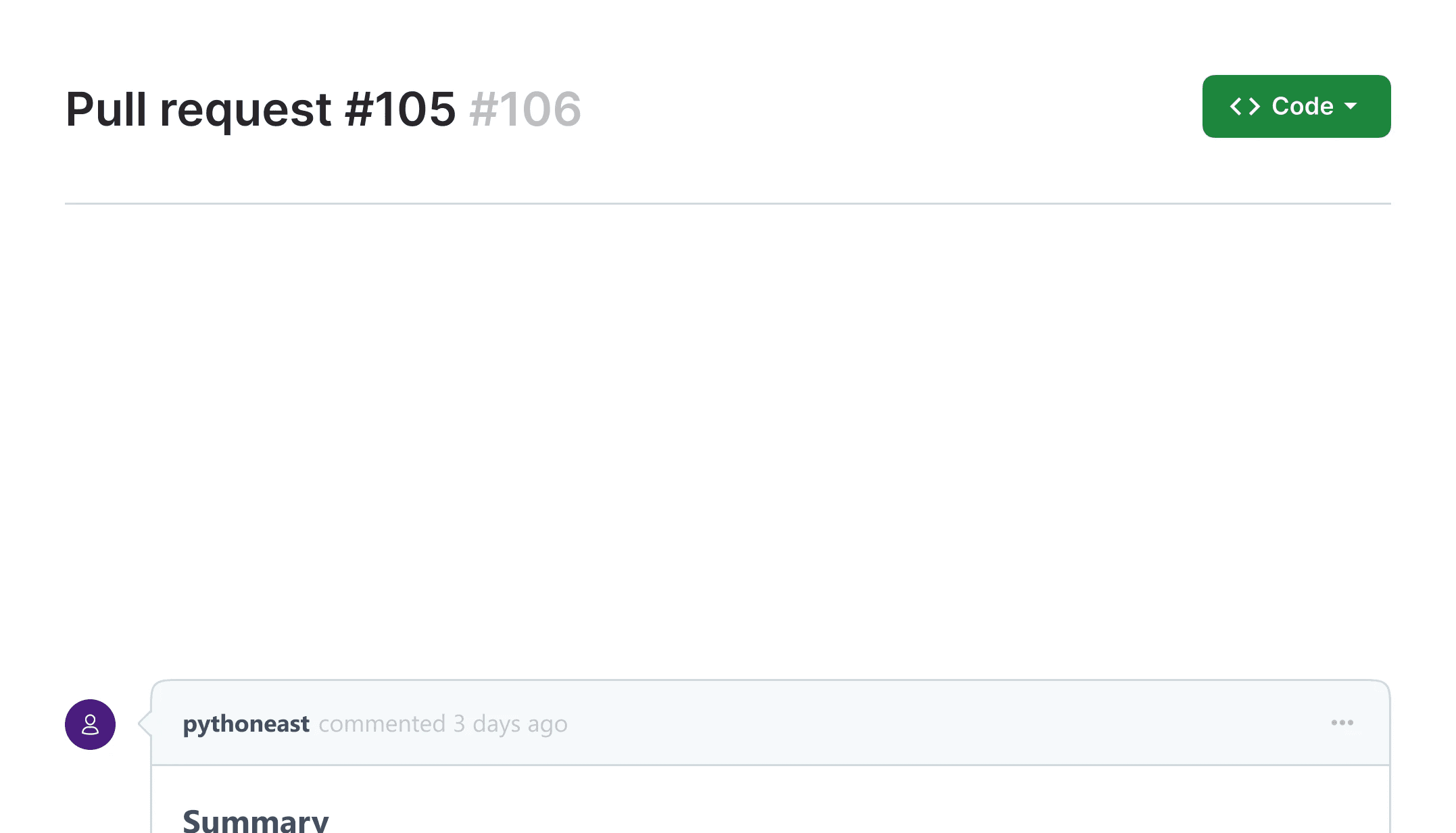Code review storyboard, frame 1: a pull request with a comment from the author