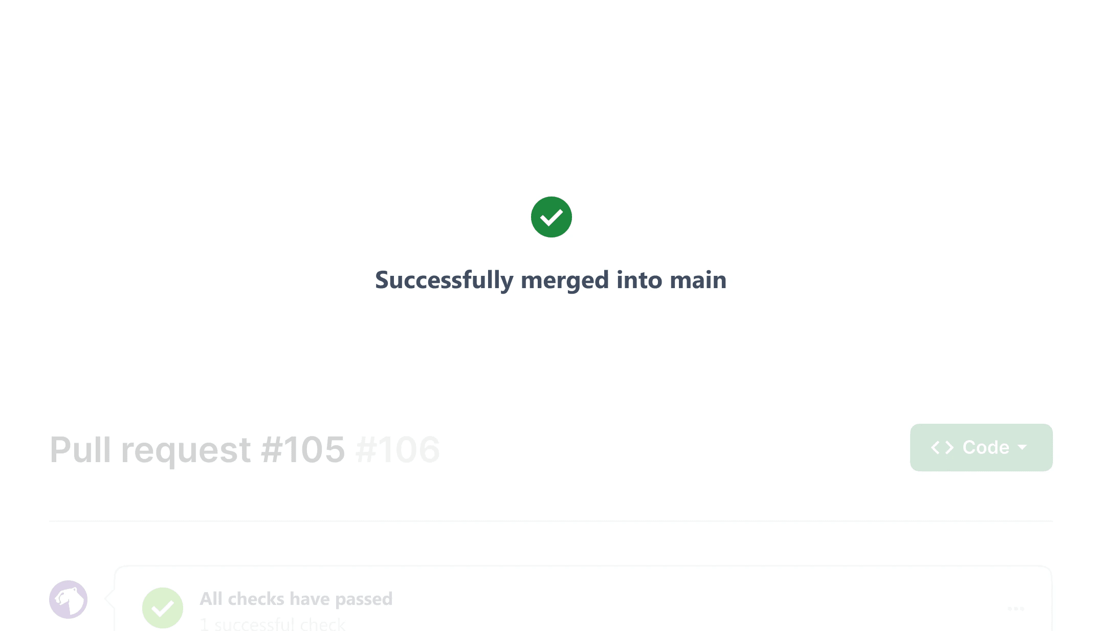 Code review storyboard, last frame: Successfully merged into main