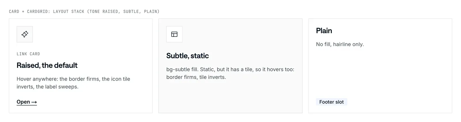 Three card variants from the DesignMe component library on the styleguide page: raised (the default), subtle and plain