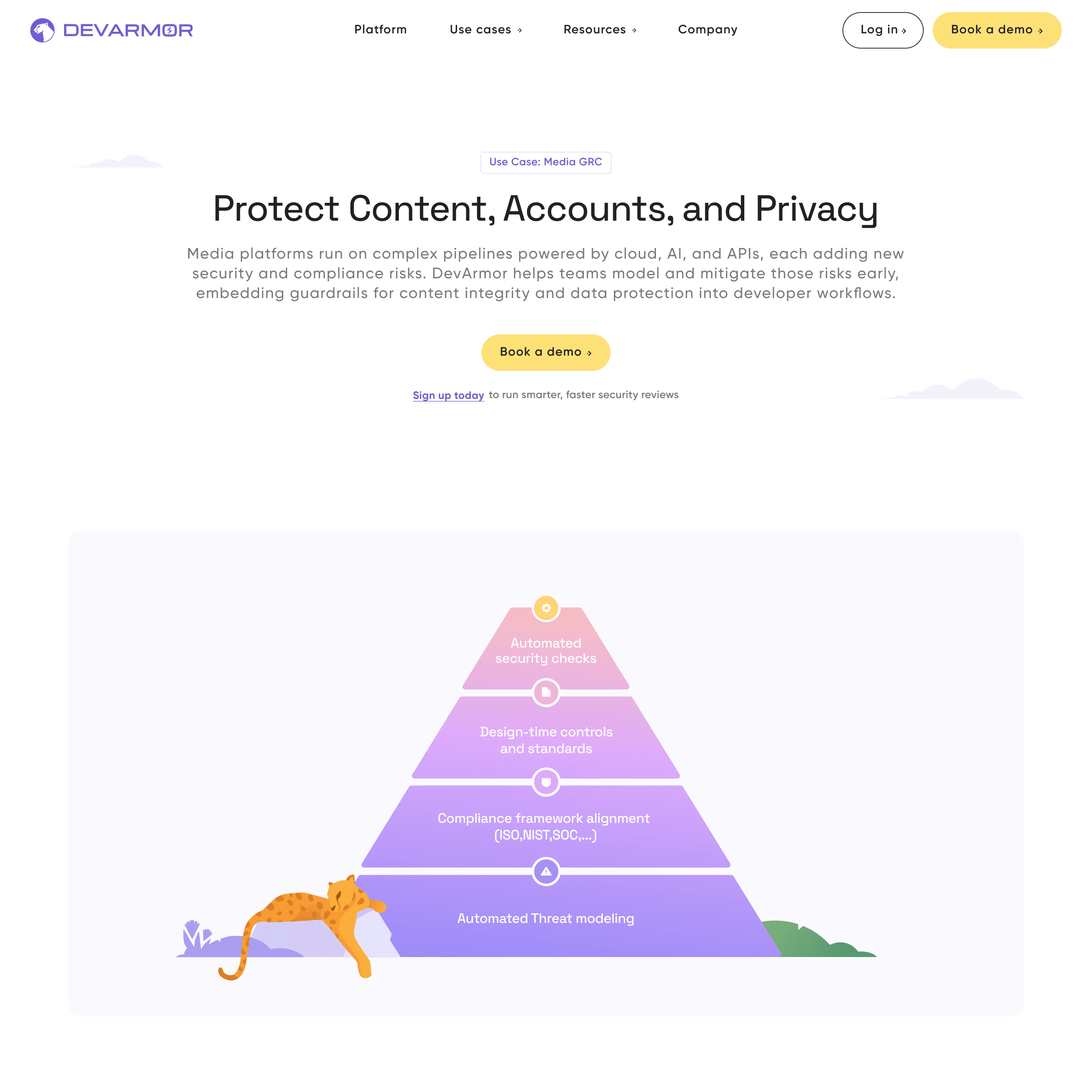 Use case page for media platforms: Protect Content, Accounts, and Privacy, above a purple pyramid of security layers with a cheetah resting at its foot