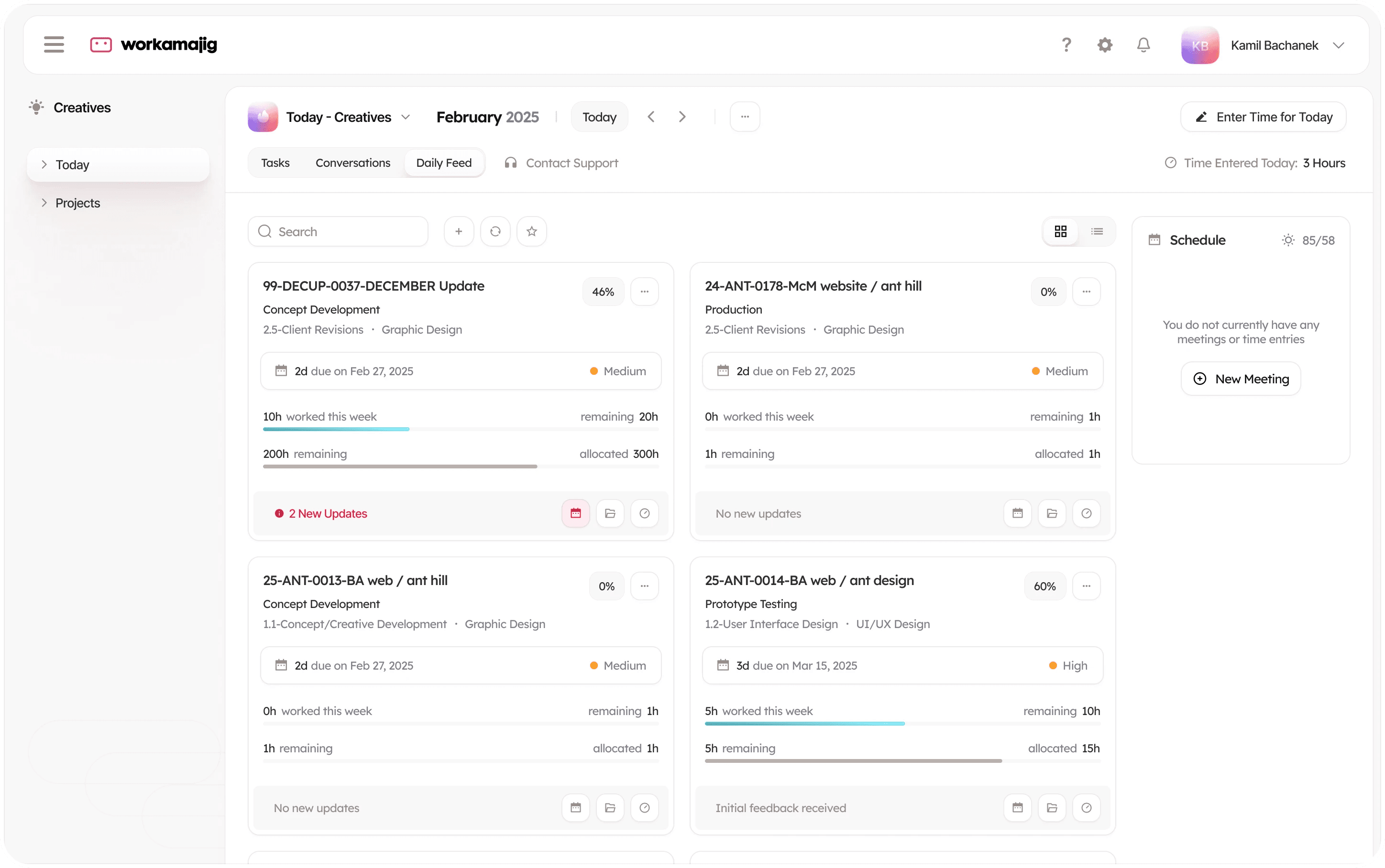 Redesigned Workamajig Today page for creatives: task cards with due dates, priority, hours worked and hours left, and a schedule panel on the right