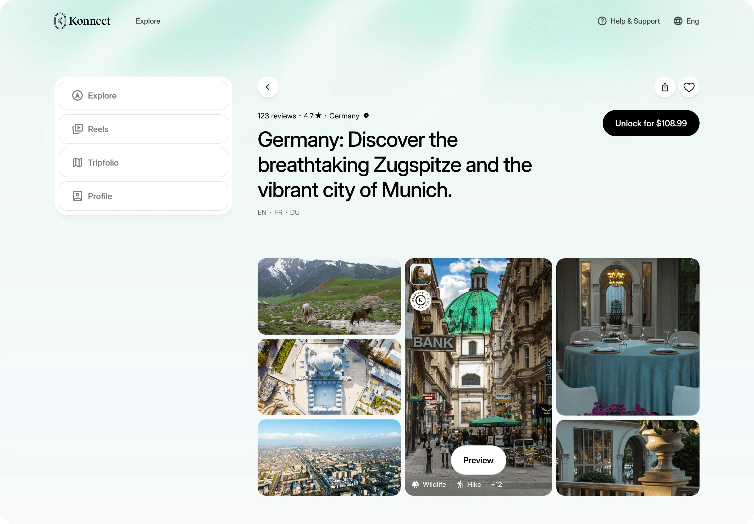 Web app guide page: Germany, Discover the breathtaking Zugspitze and the vibrant city of Munich, with a photo grid and an unlock button