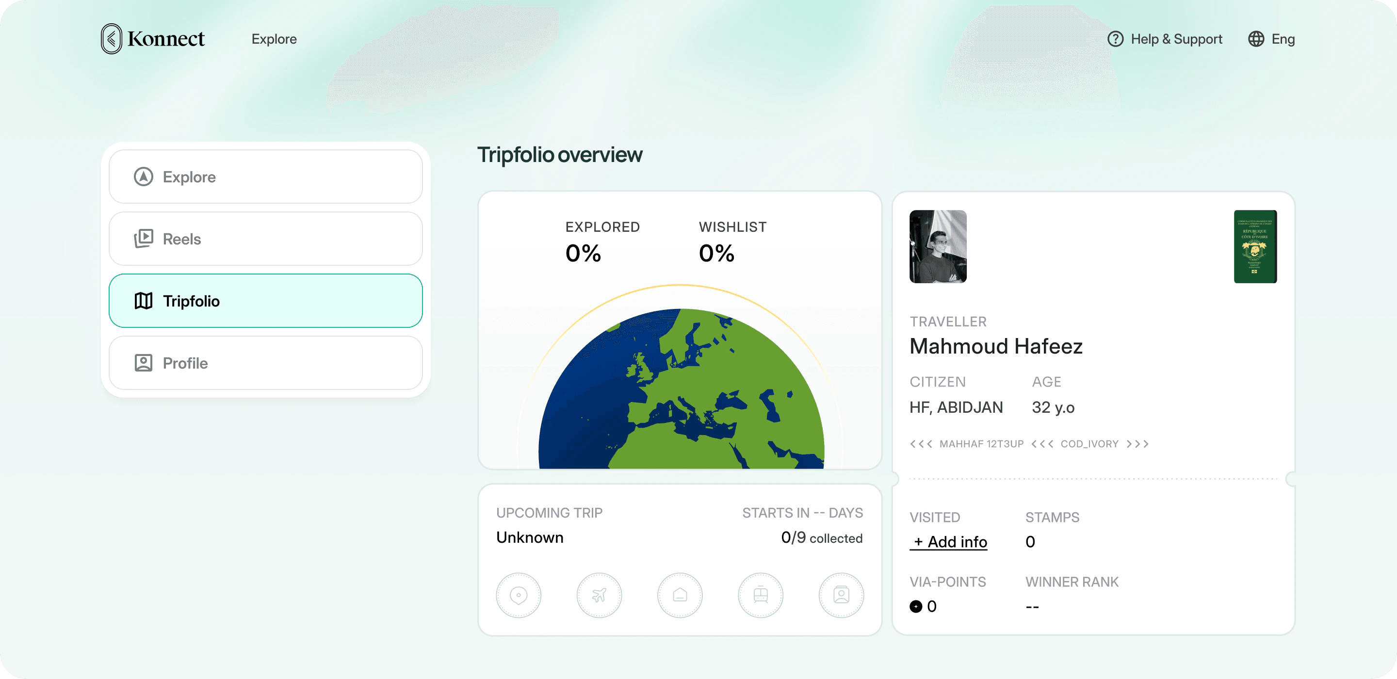 Web app Tripfolio overview with a globe of explored places and a traveler passport, next to the side menu