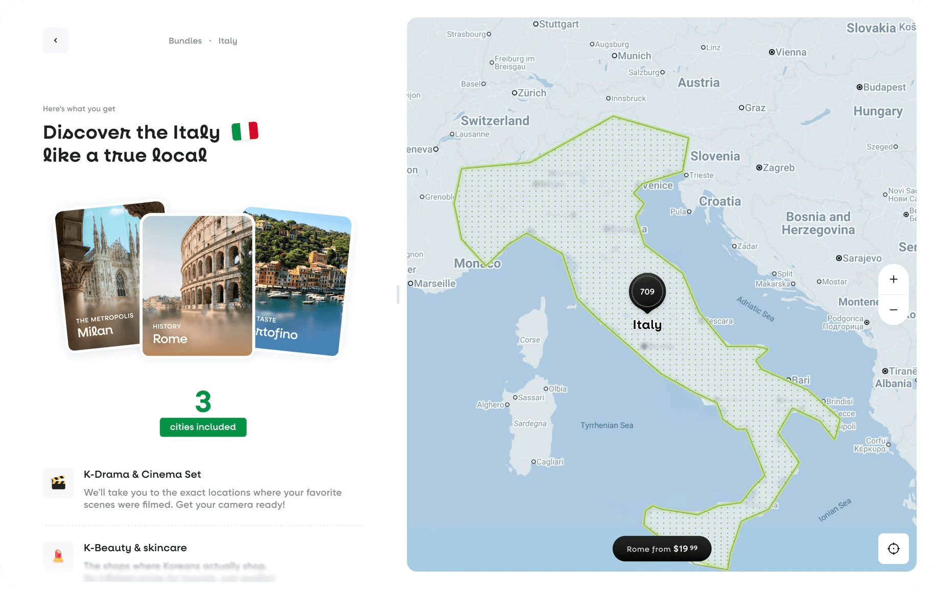 Hint web app: the Italy bundle page with Milan, Rome and Portofino cards, next to Italy outlined on the map