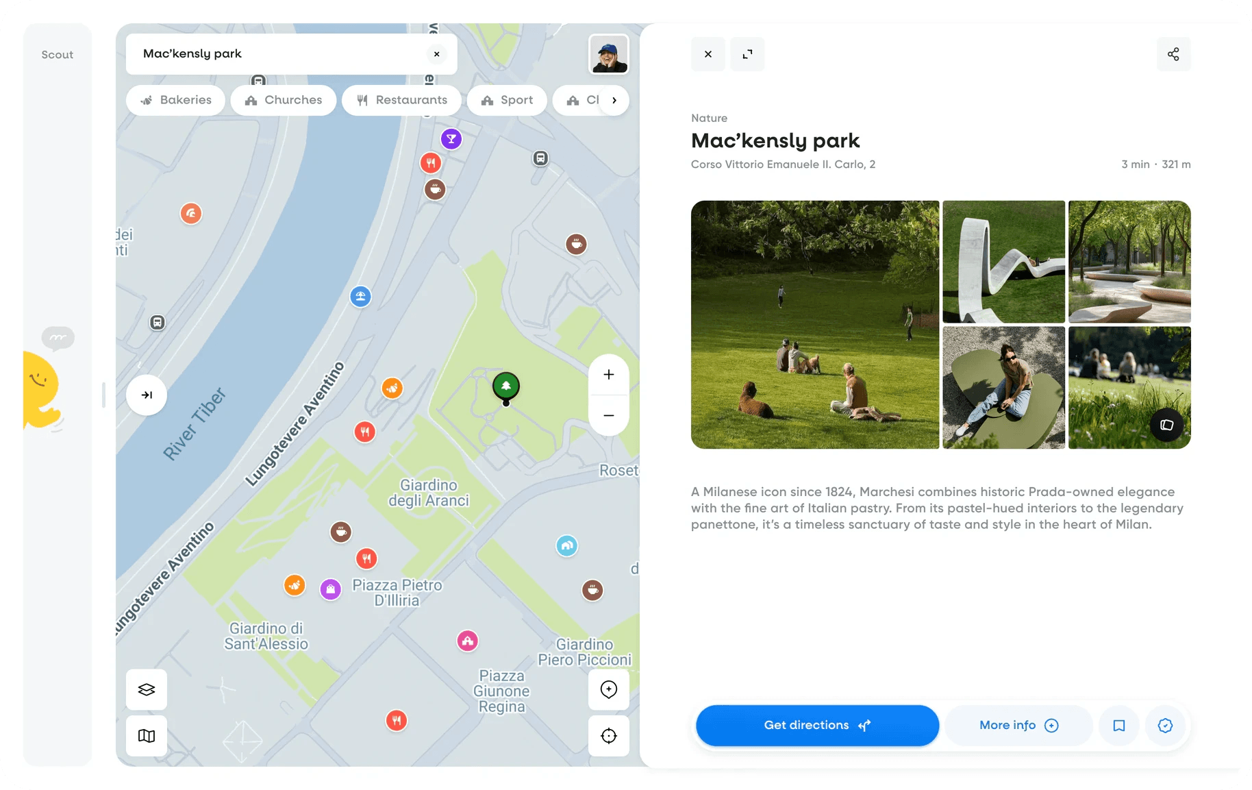 Hint web app: a park found in search, open next to the map with a photo grid, description and directions button