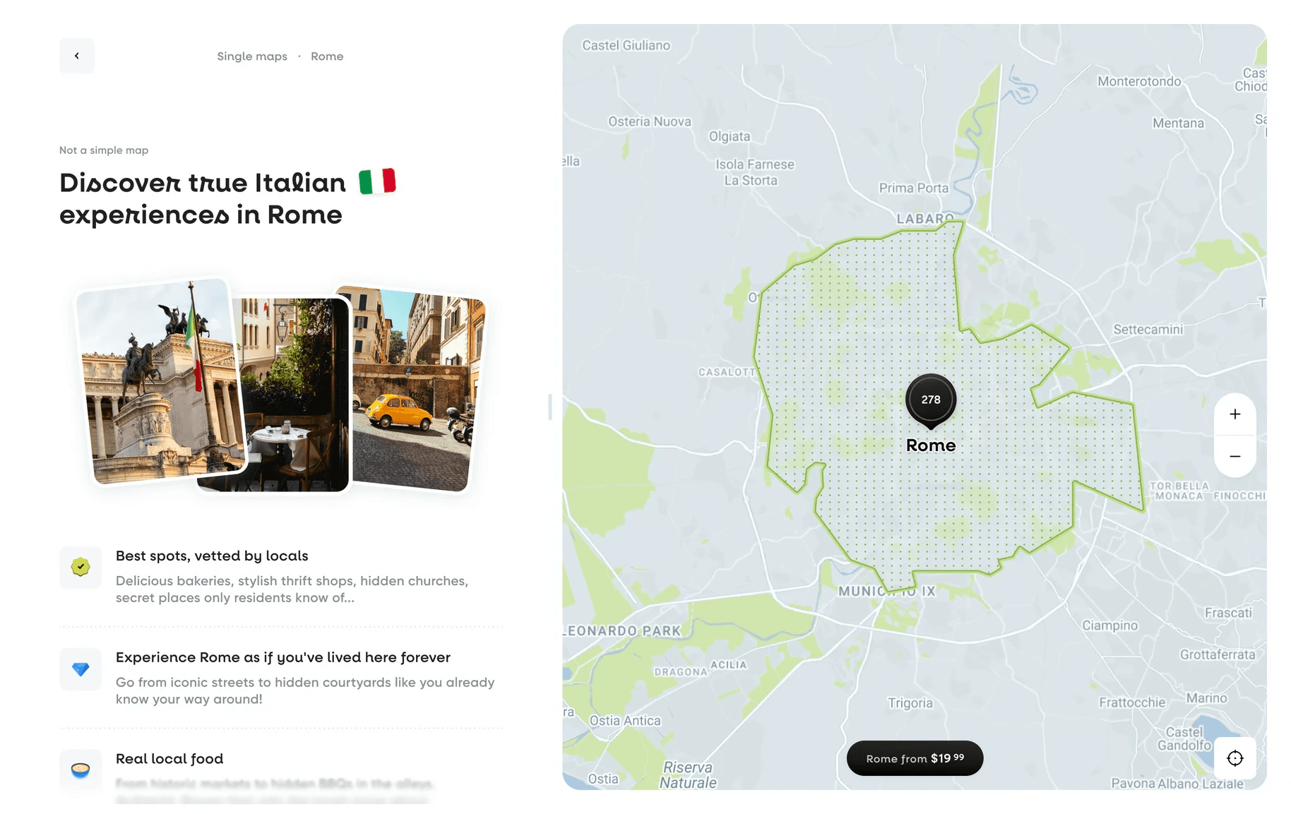 Hint web app: the Rome map page with photo cards and what the map includes, next to the city outlined on the map
