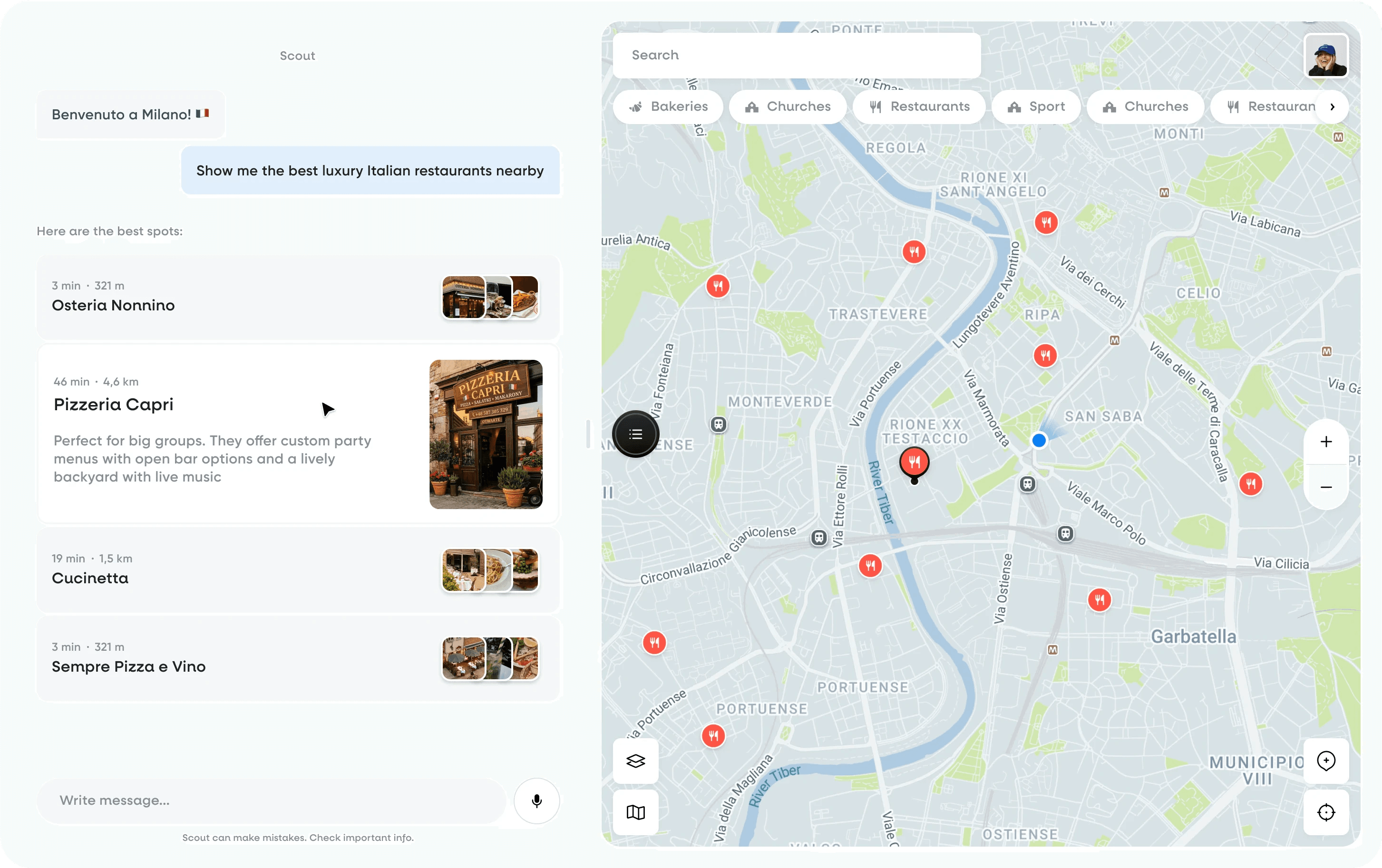 Hint web app: Scout suggests Italian restaurants in a chat on the left while the map of Rome shows them on the right