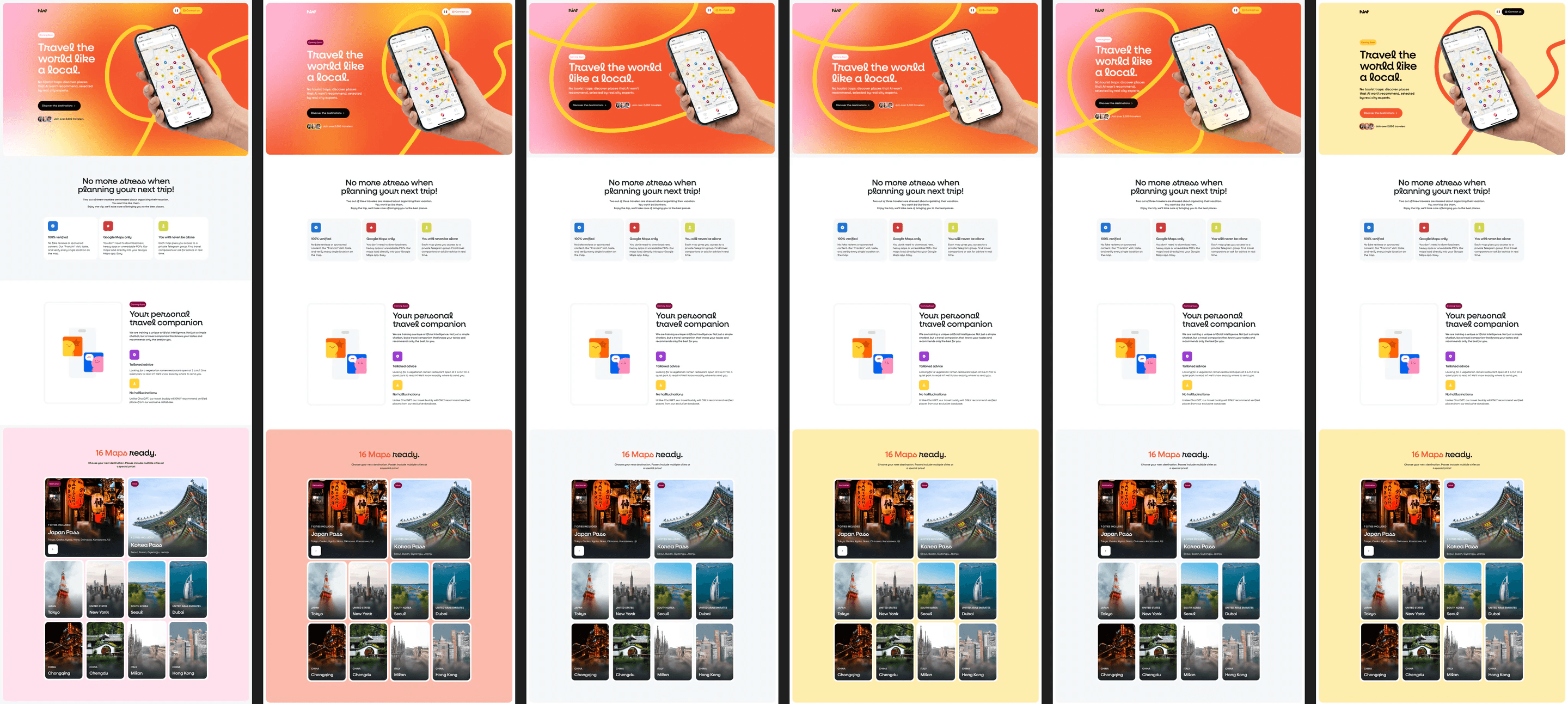 Six versions of the Hint homepage side by side, in pink, orange and yellow