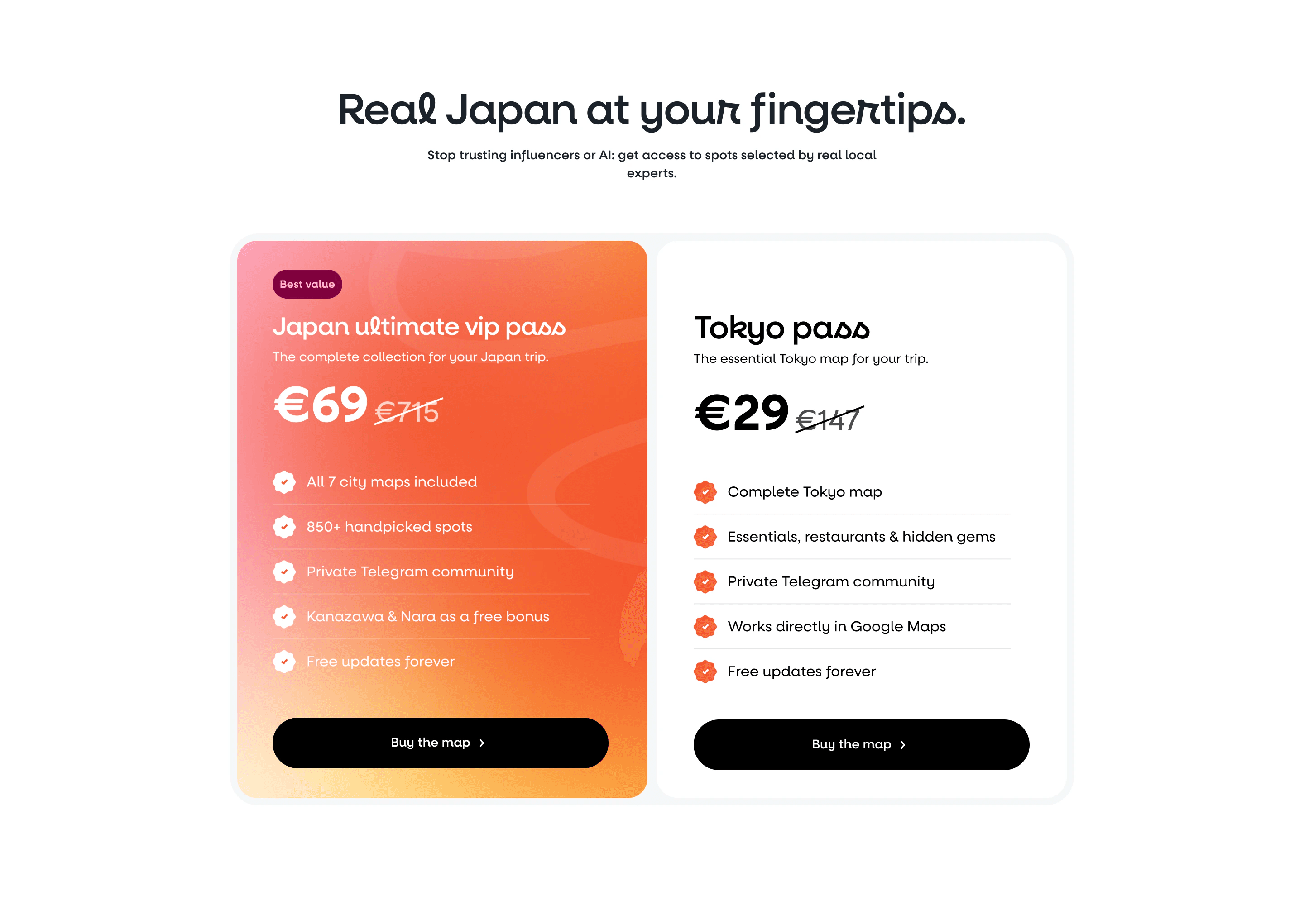 Hint map page: Real Japan at your fingertips, with the Japan pass and the Tokyo pass side by side