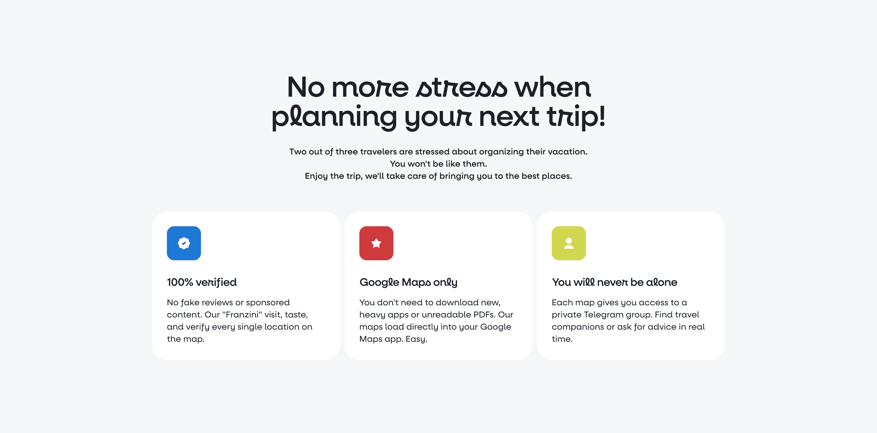Hint homepage section: No more stress when planning your next trip, with three cards on verified spots, Google Maps and local company