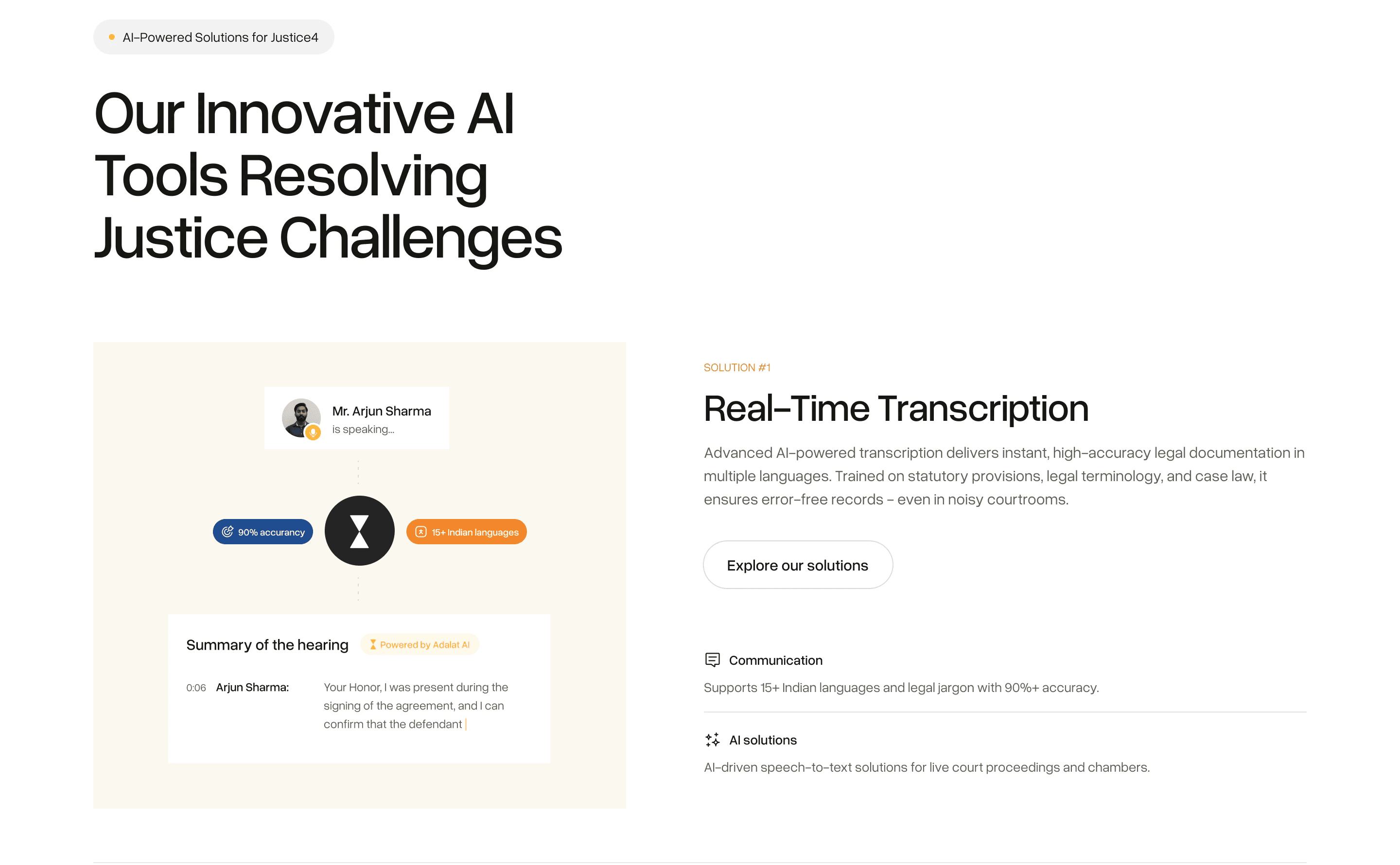 Homepage solutions section: Real-Time Transcription with a hearing summary mock