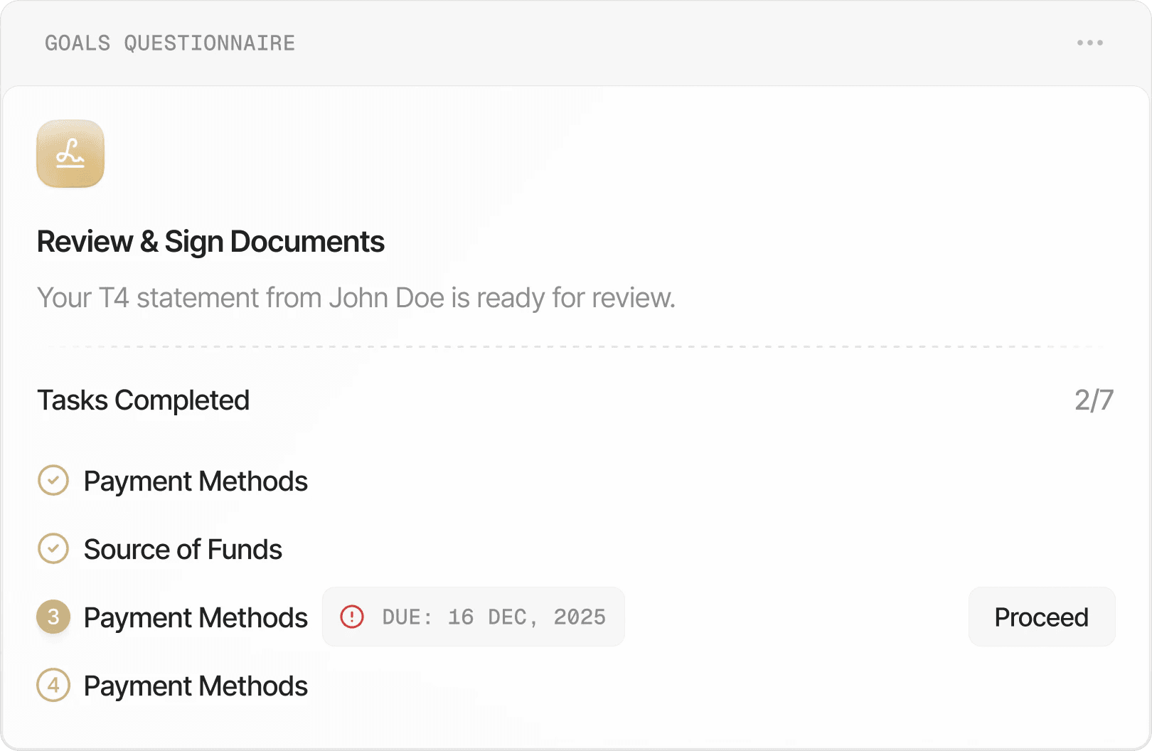 Action items widget for one workflow: Review and Sign Documents with 2 of 7 tasks completed, a due date and a Proceed button