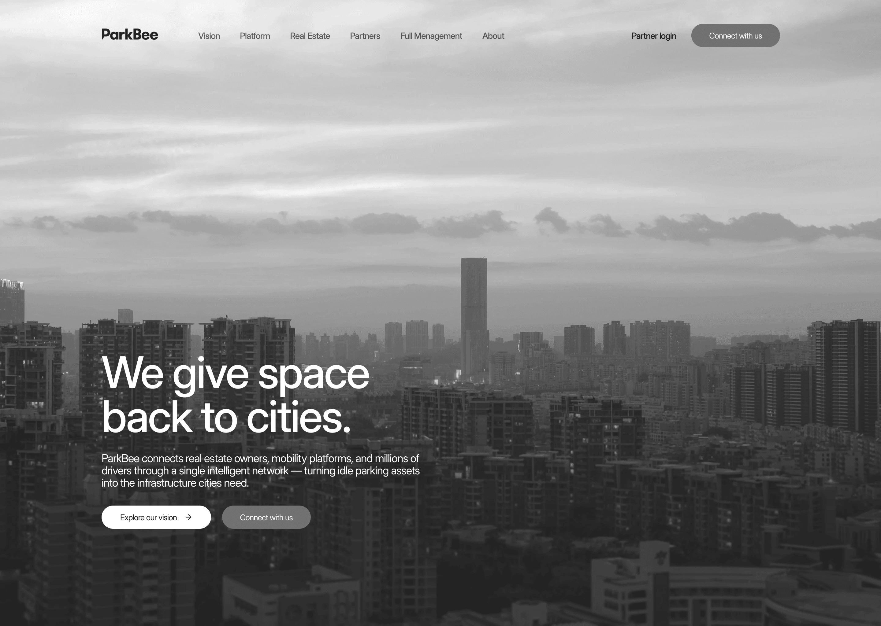 Greyscale homepage wireframe: We give space back to cities, over a black and white city skyline