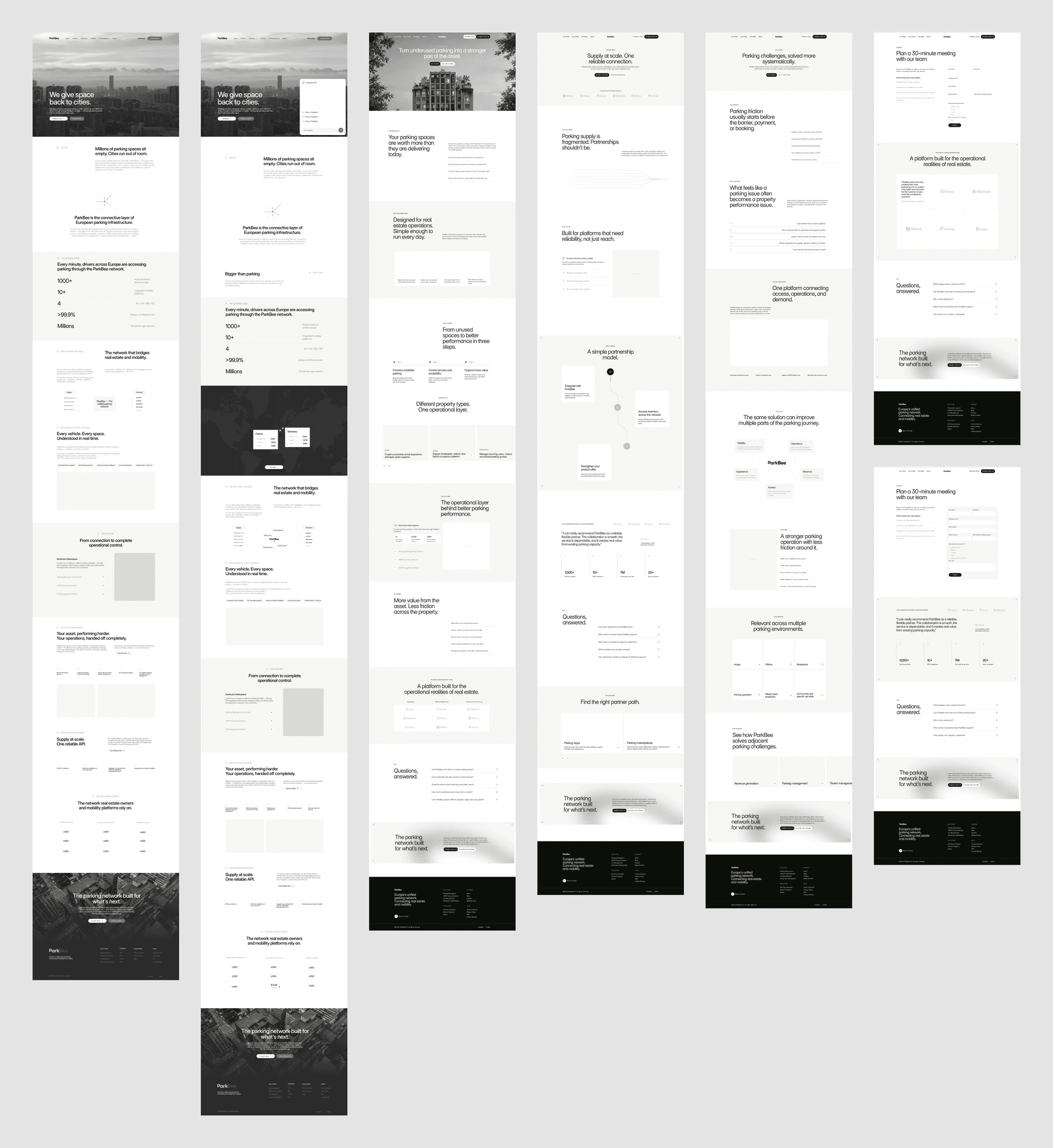Every wireframe on one board: two rounds of the homepage, For properties, For partners, Solutions and two versions of Book a call, all in greyscale